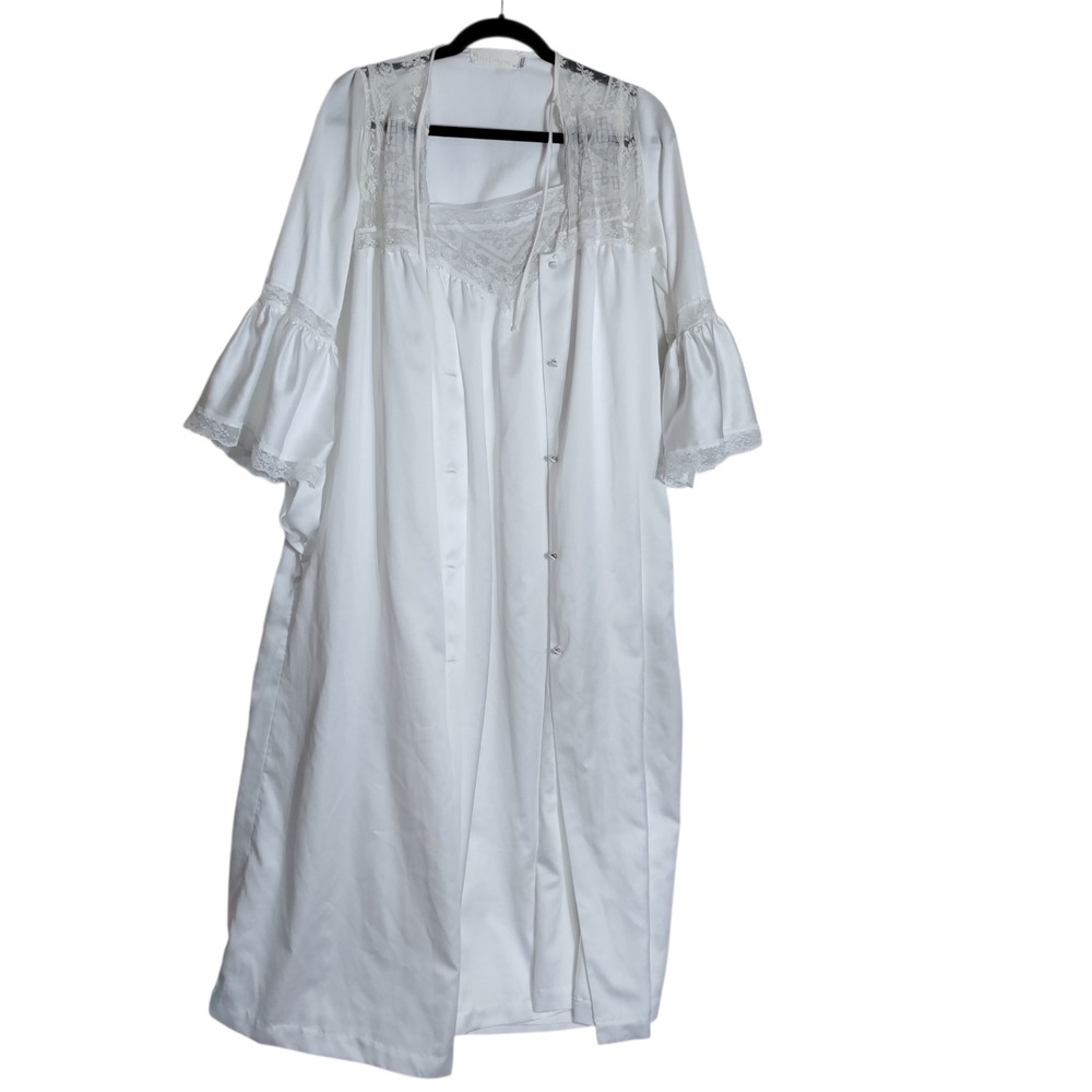 Vintage ILGWU White Lace Peignoir Set Robe and Nightgown Small 10-12 Union Made